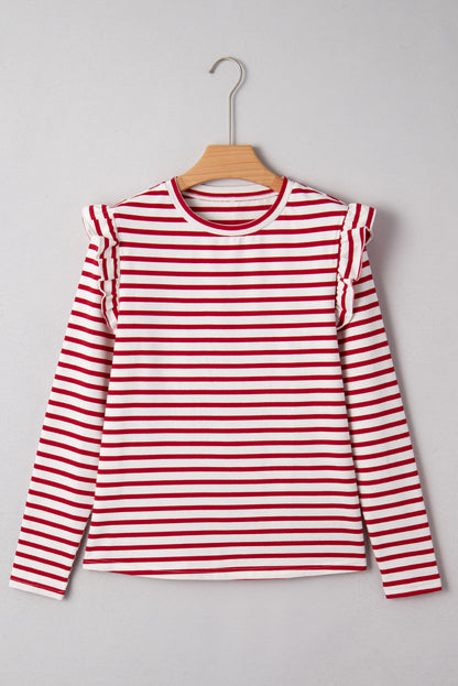 Stripe Round Neck Ruffle Trim Long Sleeve Top