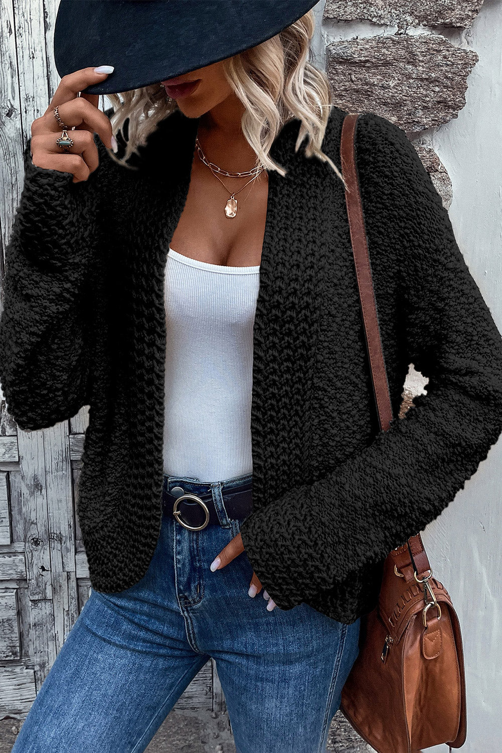 Popcorn Open Front Cardigan