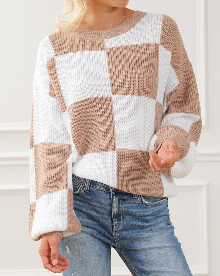 Checker Ribbed Puff Sleeve Sweater