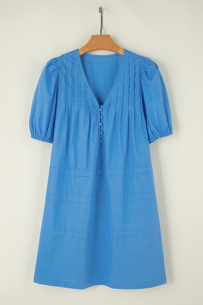 Solid Pleated Puff Sleeve Dress