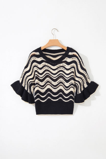 Wavy Stripe Ruffle 3/4 Sleeve Crochet Sweater