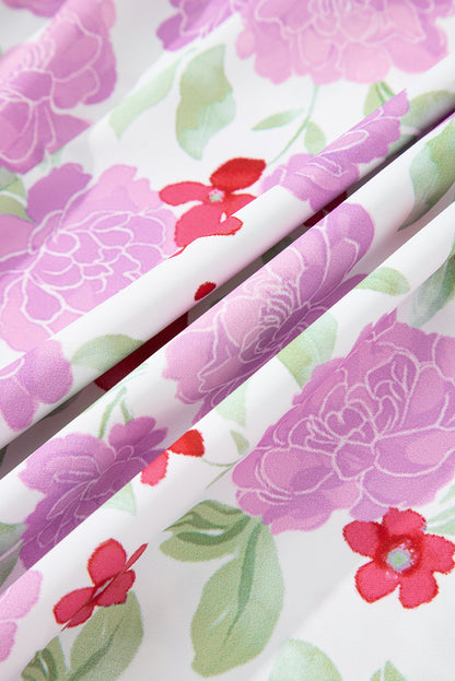 Floral Stripe Trim Frilled Neck 3/4 Sleeve Dress