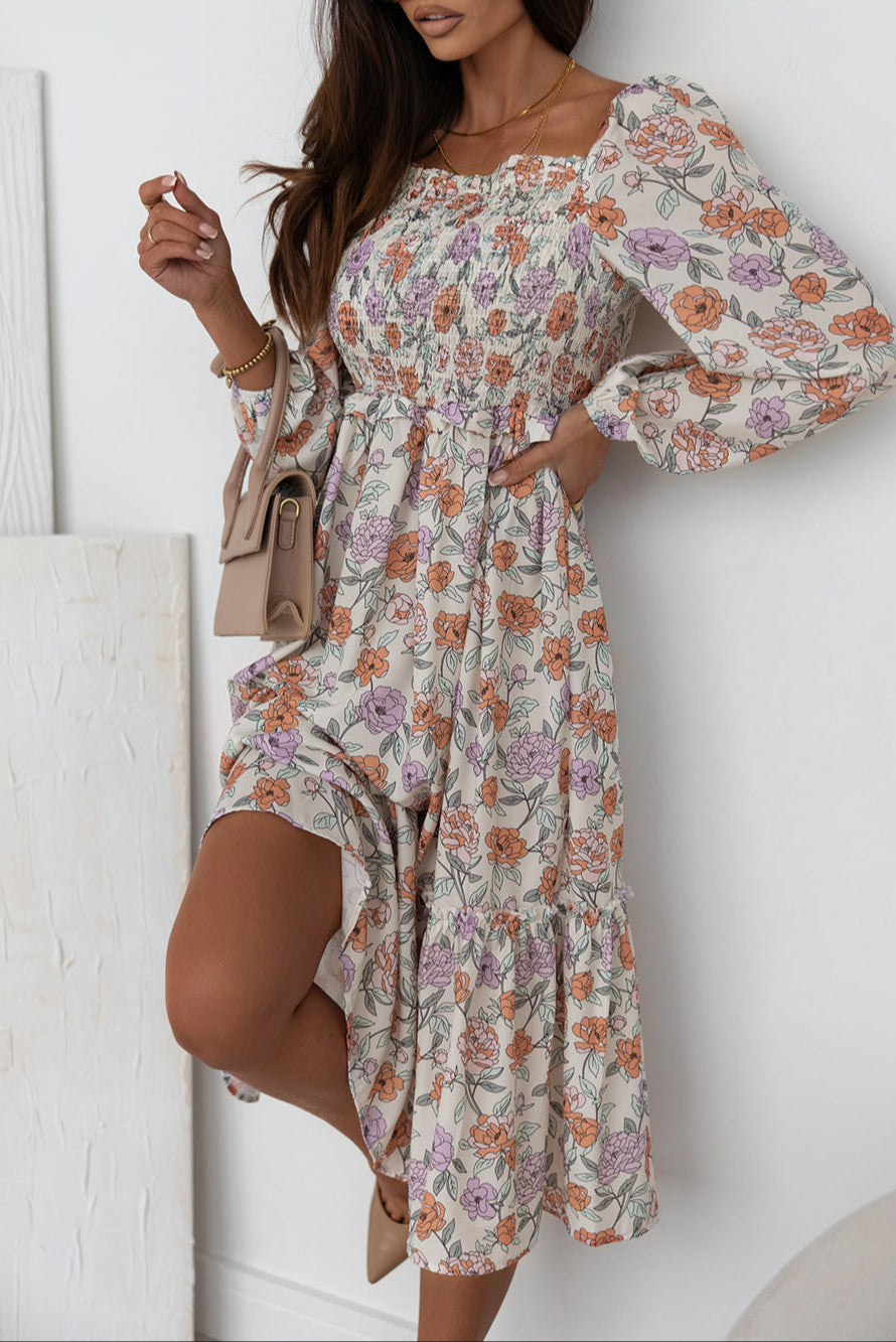 Floral Long Sleeve Pocketed Dress