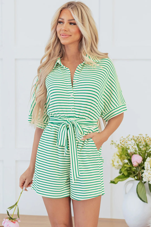 Stripe Short Sleeve Buttoned Collar Belted Romper