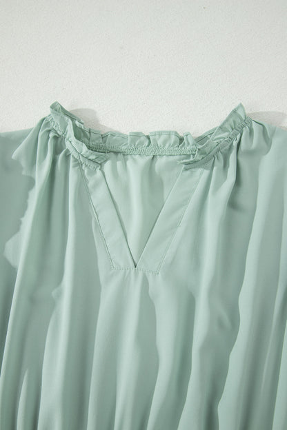 Solid V-Neck Short Puff Sleeve Tiered Maxi Dress