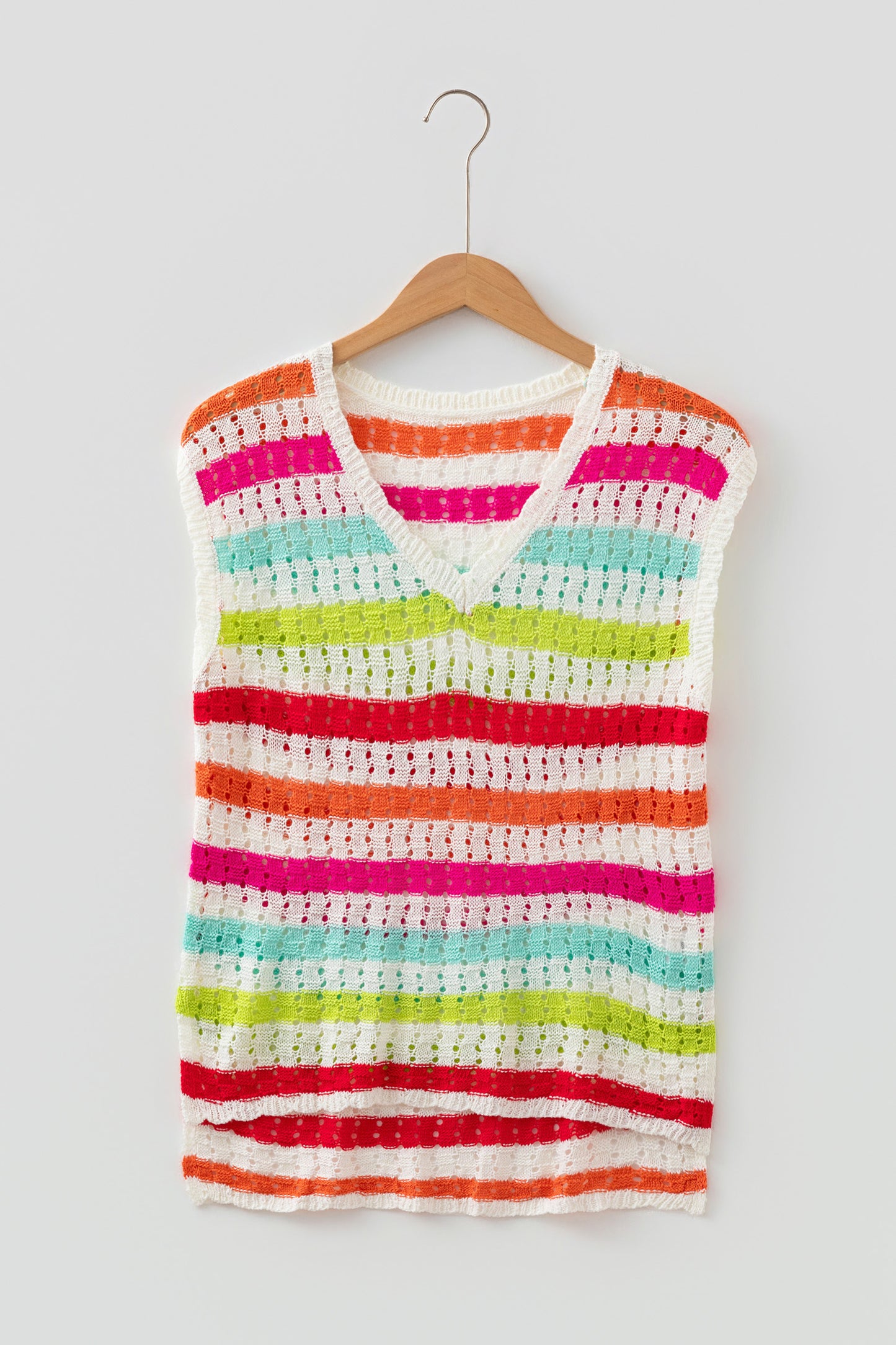 Stripe Eyelet Knit V-Neck Short Sleeve Sweater Tee
