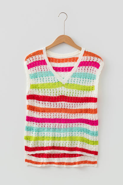 Stripe Eyelet Knit V-Neck Short Sleeve Sweater Tee