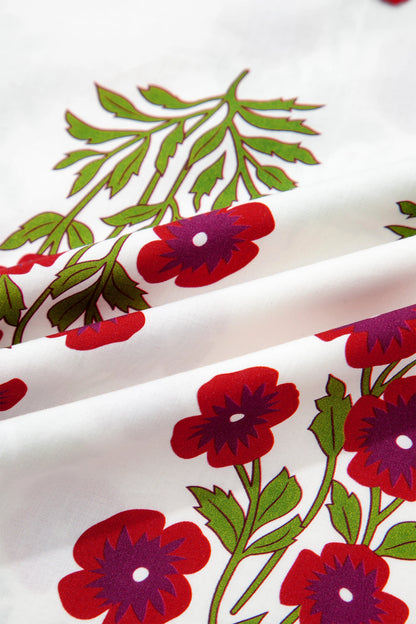 Floral Contrast Slit V-Neck Short Bubble Sleeve Blouse