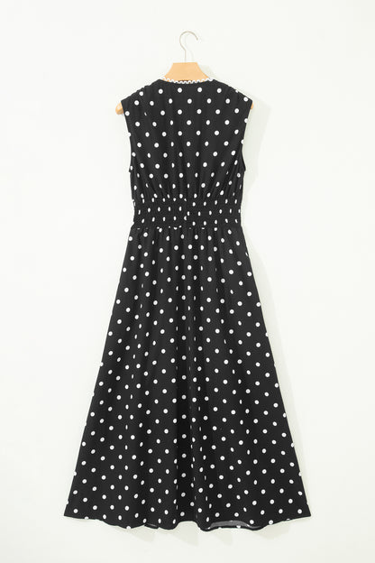 Polka Dot Zip Up V-Neck Sleeveless Dress