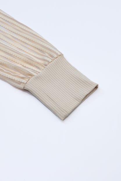 Stripe Ribbed Mesh Long Sleeve Crewneck Top
