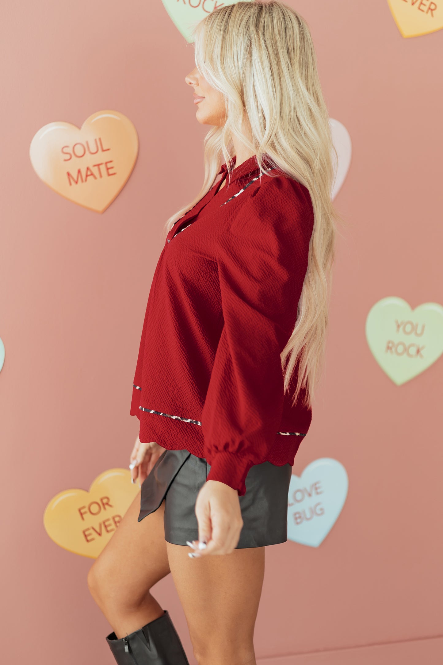 Leopard Contrast Trim V-Neck Textured Blouse