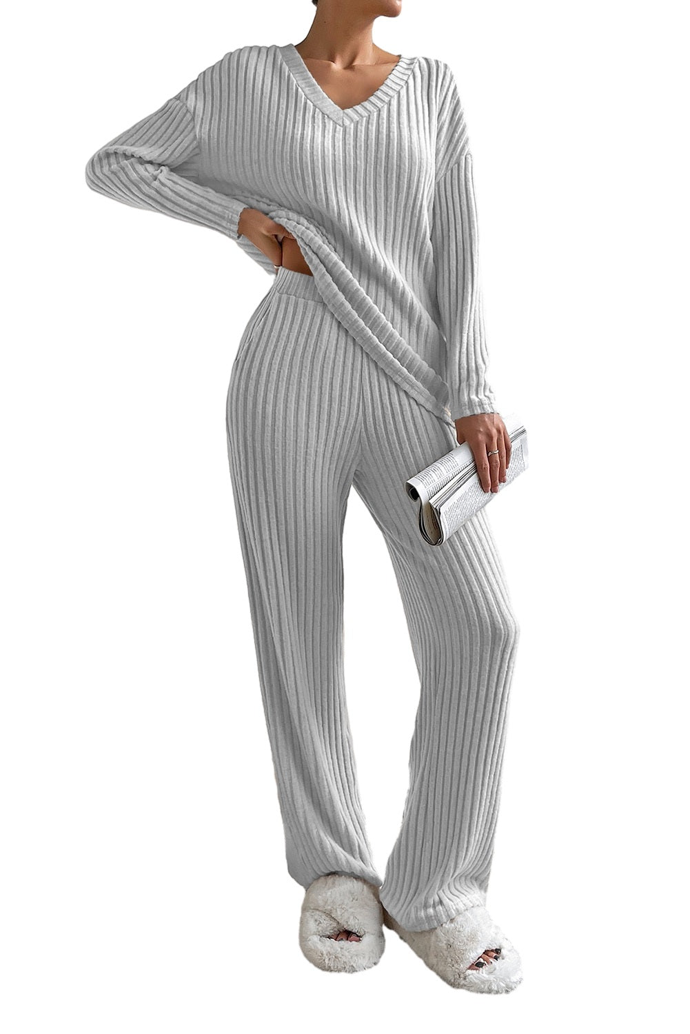 Ribbed V-Neck Top and Pants Set