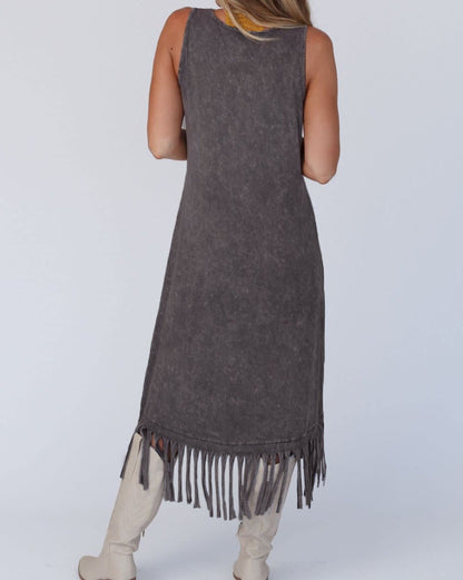 Fringe Hem Sleeveless Midi Dress