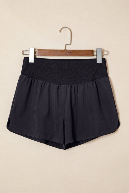 Solid Ribbed Patchwork High Waist Athletic Shorts