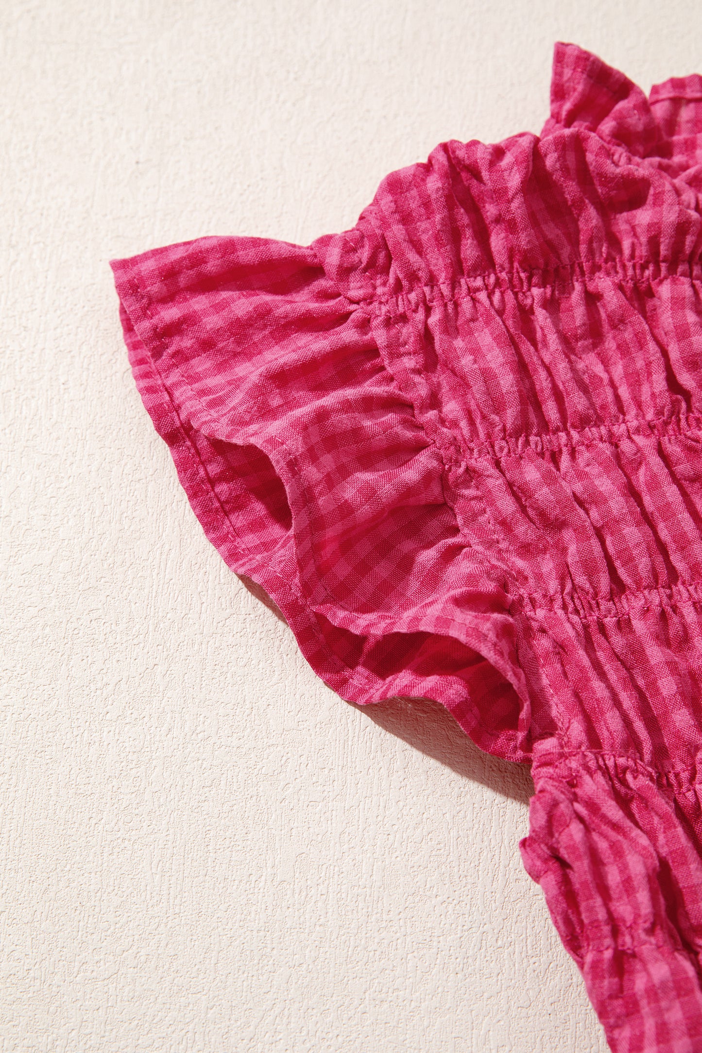 Gingham Plaid Shirred Ruffle Trim Tank Top