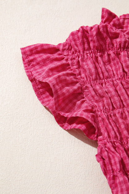 Gingham Plaid Shirred Ruffle Trim Tank Top