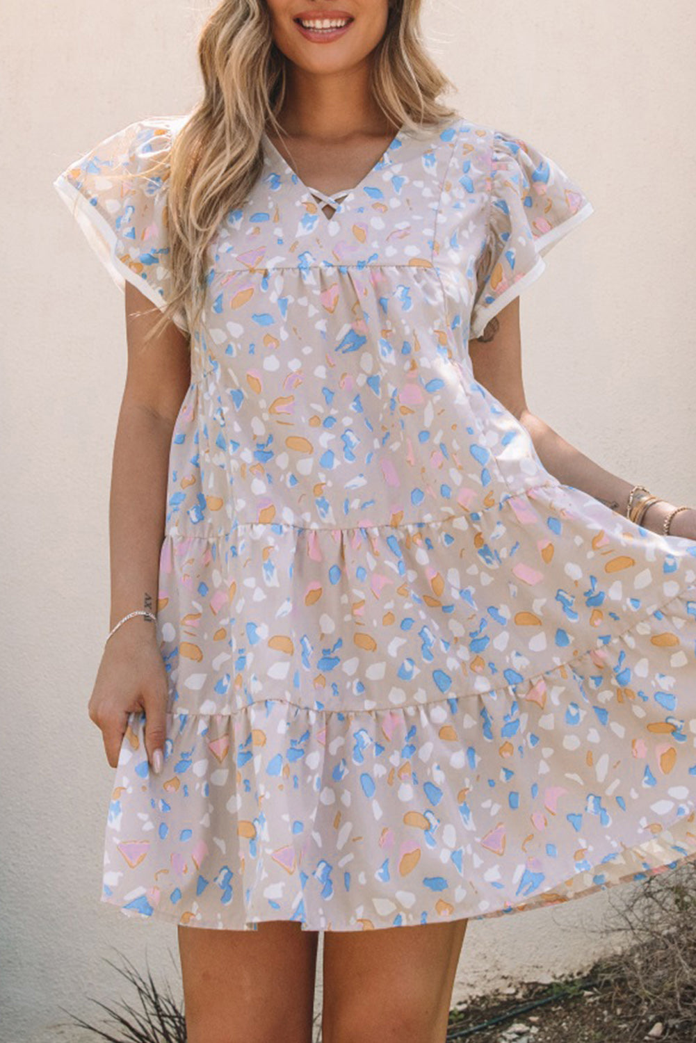 Abstract Flutter Sleeve Tiered Dress