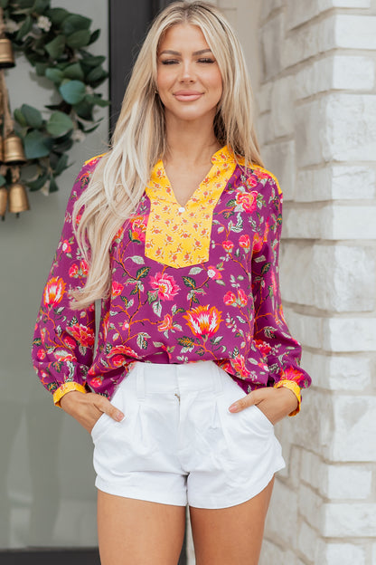 Floral Patchwork Split V-Neck Blouse