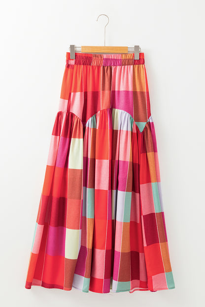 Plaid Ruched High Waist Maxi Skirt