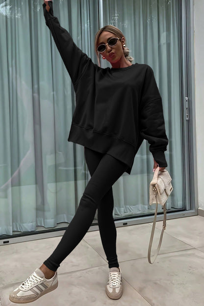 Solid Oversize Sweatshirt and Ribbed Leggings Set