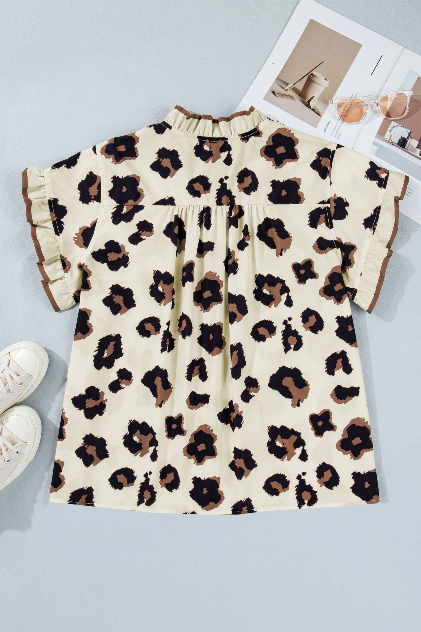 Plus Size Leopard Frilled Button Down Blouse