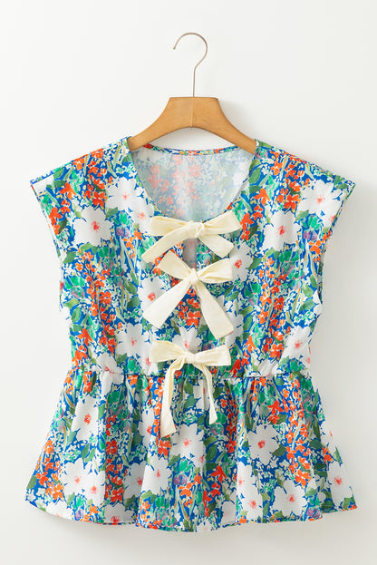 Floral Bow Tie Sleeveless Peplum Blouse
