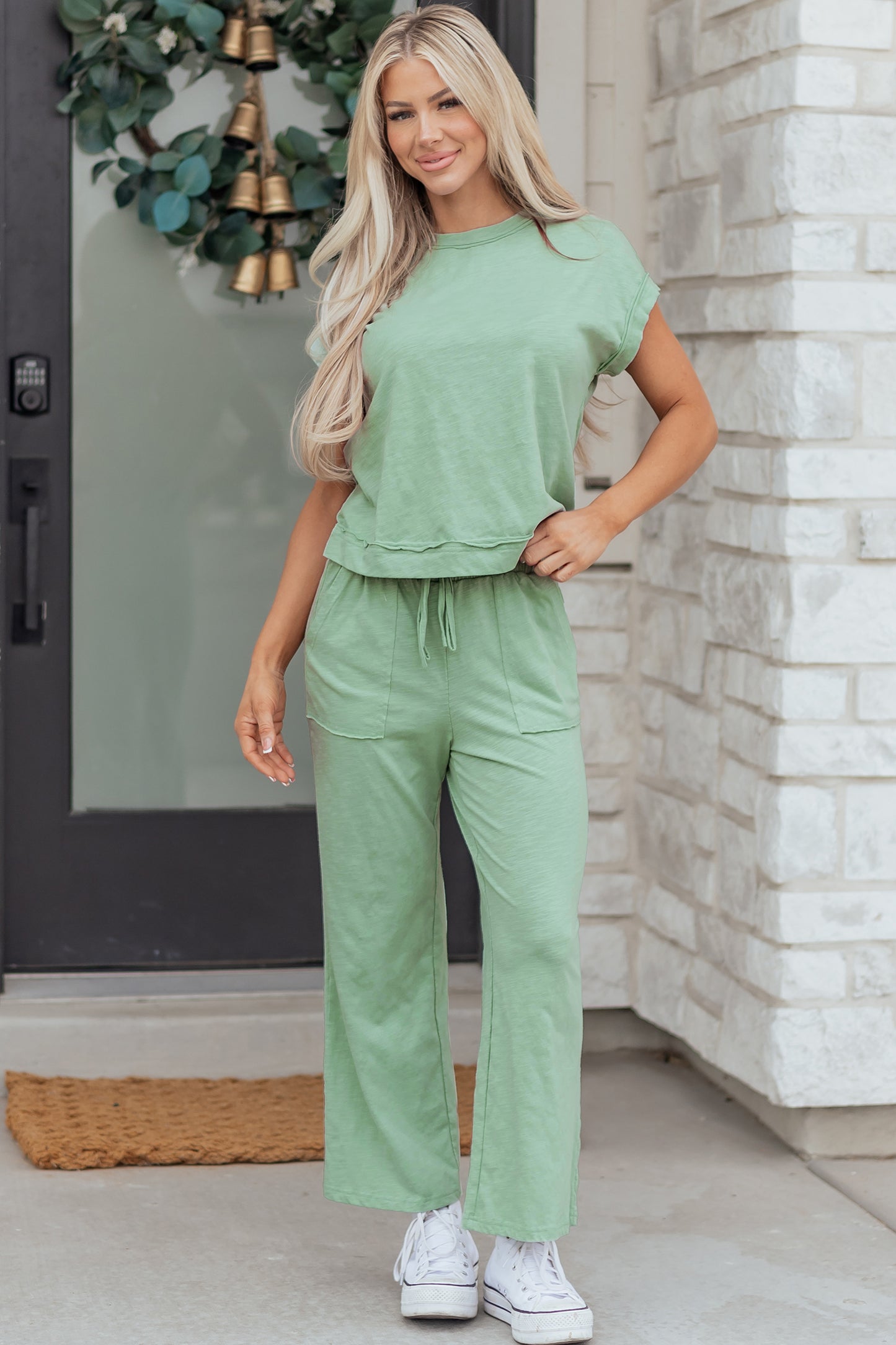 Solid Short Sleeve Tee and Drawstring Pants Set