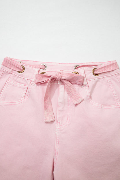 Solid Denim Grommet Tie Waist Barrel Leg Jeans