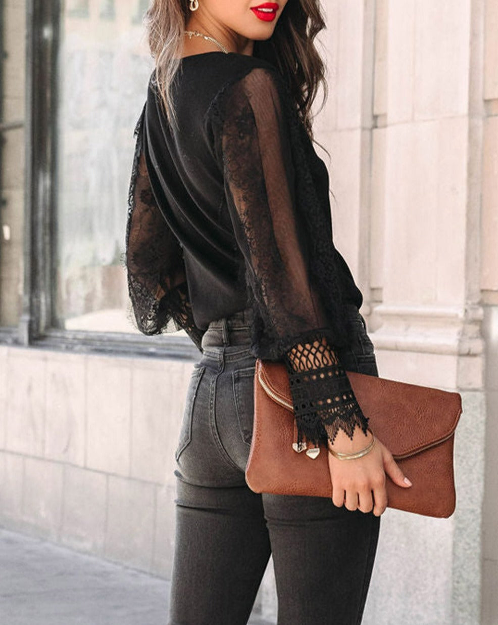 Lace Mesh Bishop Sleeve Top