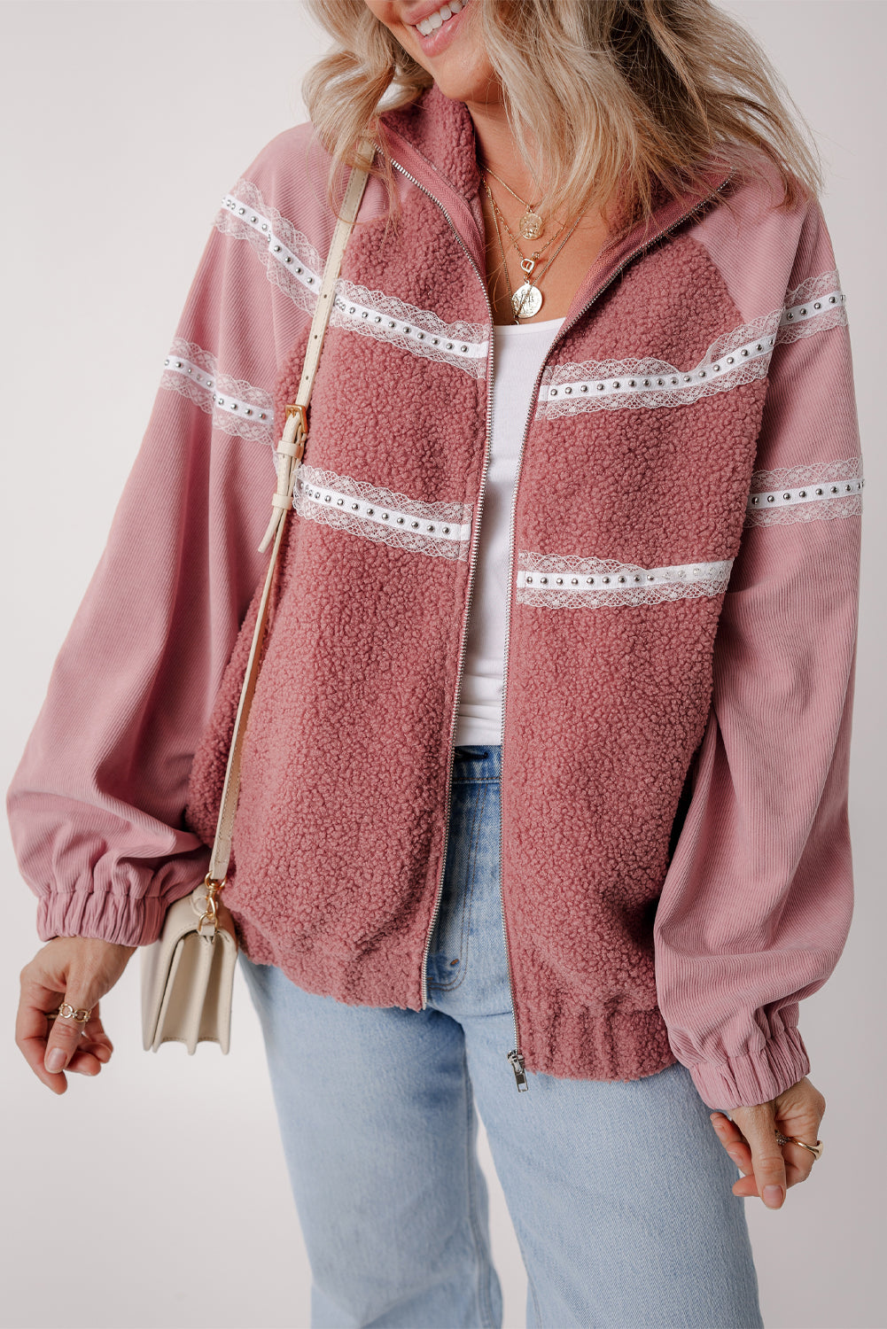 Sherpa Lace Patchwork Zip Up Jacket