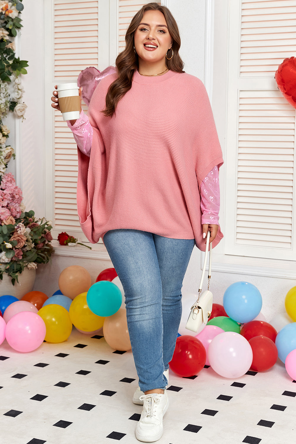 Plus Size Ribbed Knit Crewneck Poncho Sweater