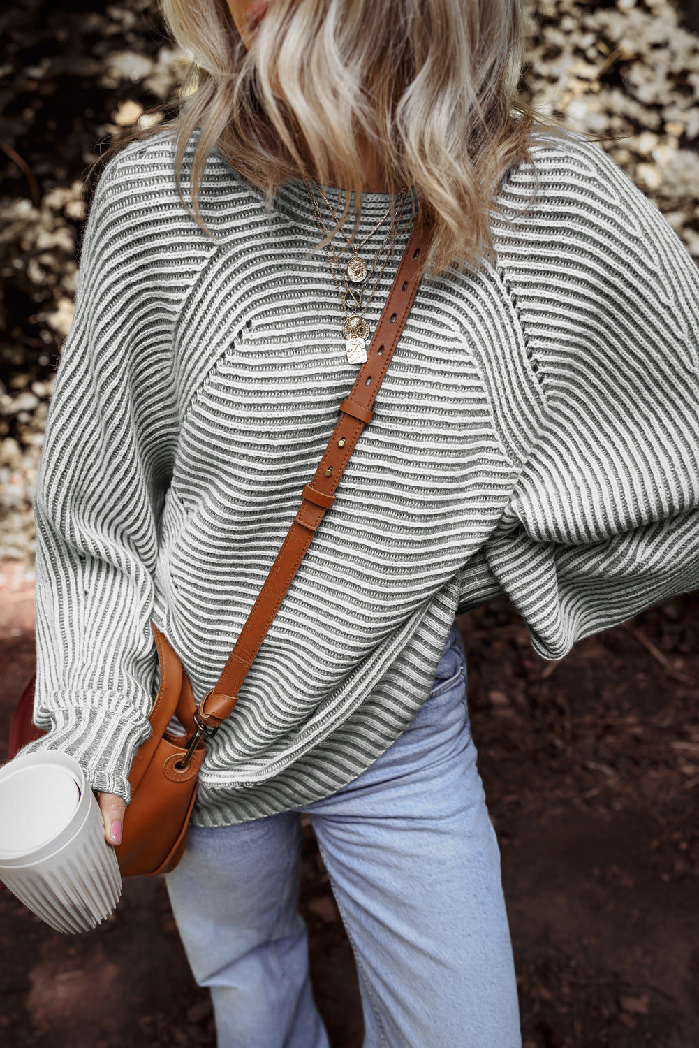 Stripe Ribbed Knit Boat Neck Sweater