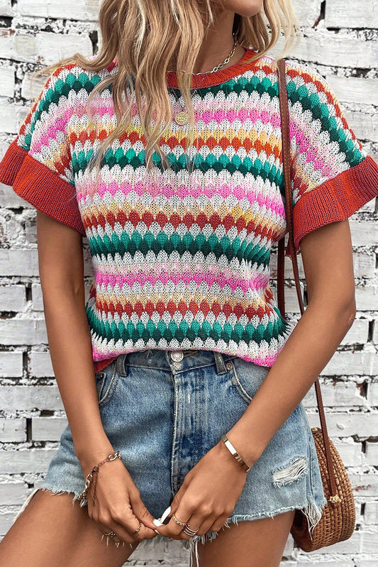 Stripe Ruffle Short Sleeve Sweater