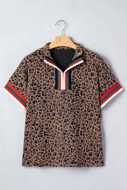 Leopard Stripe Patchwork Half Zip Collared Blouse
