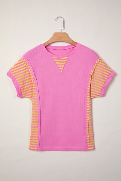 Stripe Patchwork Waffle Knit Loose T-Shirt