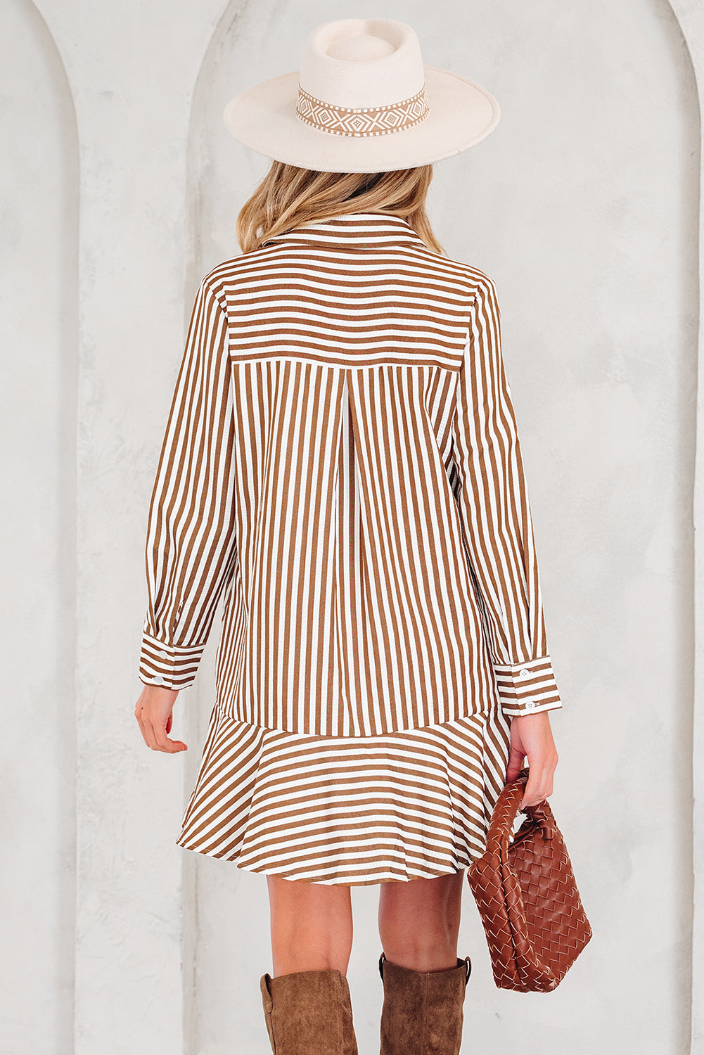 Stripe Ruffle Hem Collared Long Sleeve Shirt Mini Dress