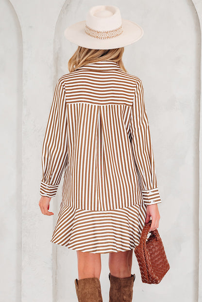 Stripe Ruffle Hem Collared Long Sleeve Shirt Mini Dress