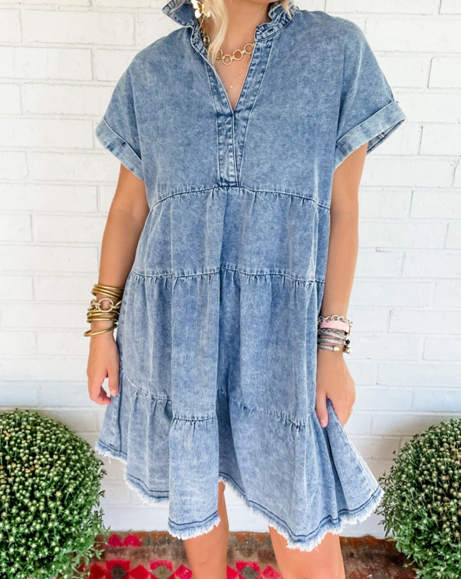 Denim Acid Washed Tiered Dress