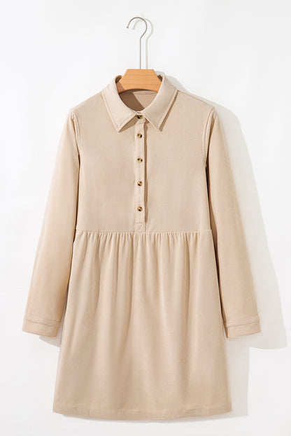 Solid Corduroy Half-Button Collared Mini Dress