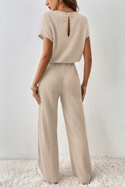 Ribbed Short Sleeve Wide Leg Jumpsuit