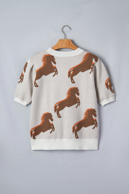 Western Horse Short Puff Sleeve Sweater