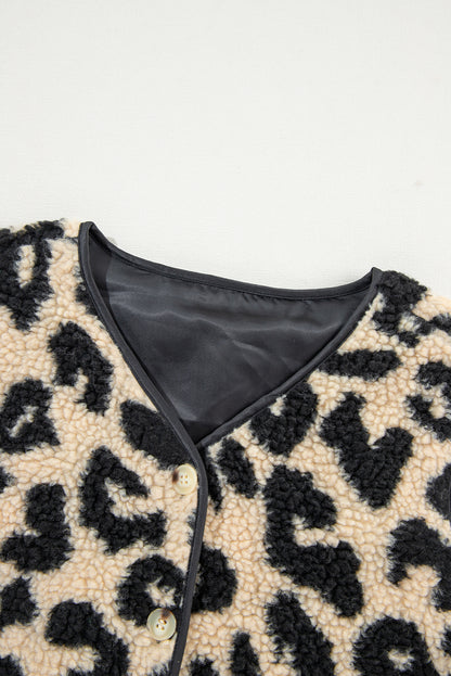 Leopard Sherpa Fleece Sleeveless Buttoned Vest Coat