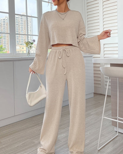 Ribbed Crop Top and Drawstring Pants Set