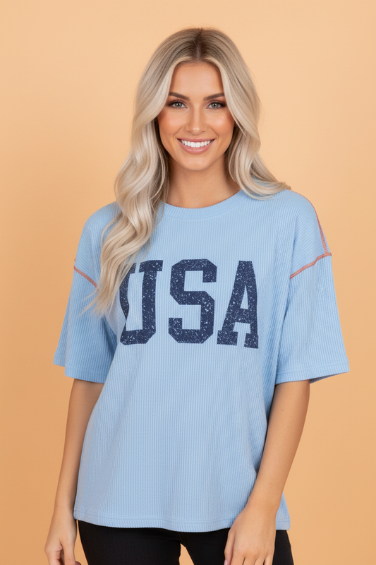 USA Corded Knit Short Sleeve Graphic Top