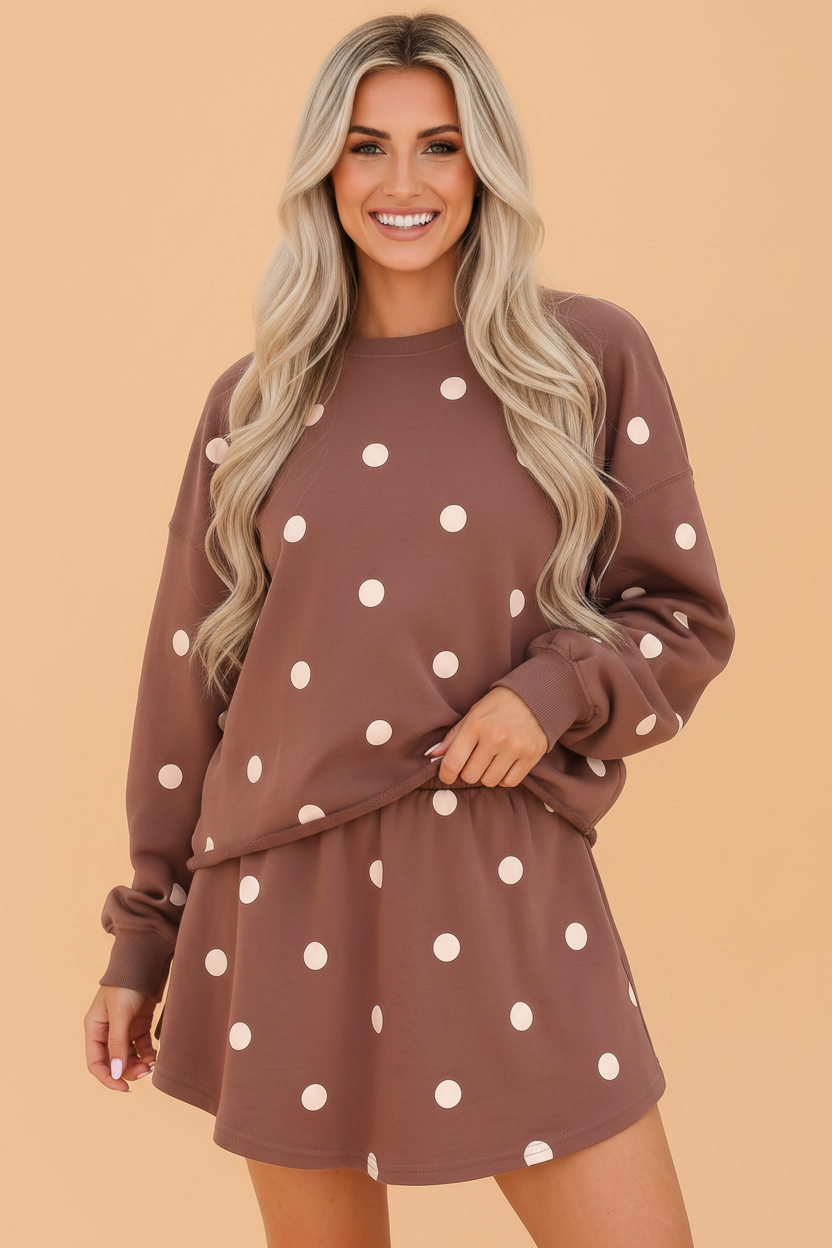 Polka Dot Raw Hem Sweatshirt & Skort Set