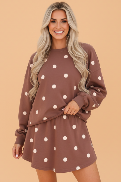 Polka Dot Raw Hem Sweatshirt & Skort Set