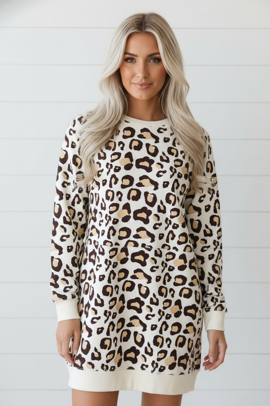 Leopard Long Sleeve T-Shirt Dress w/ Pockets