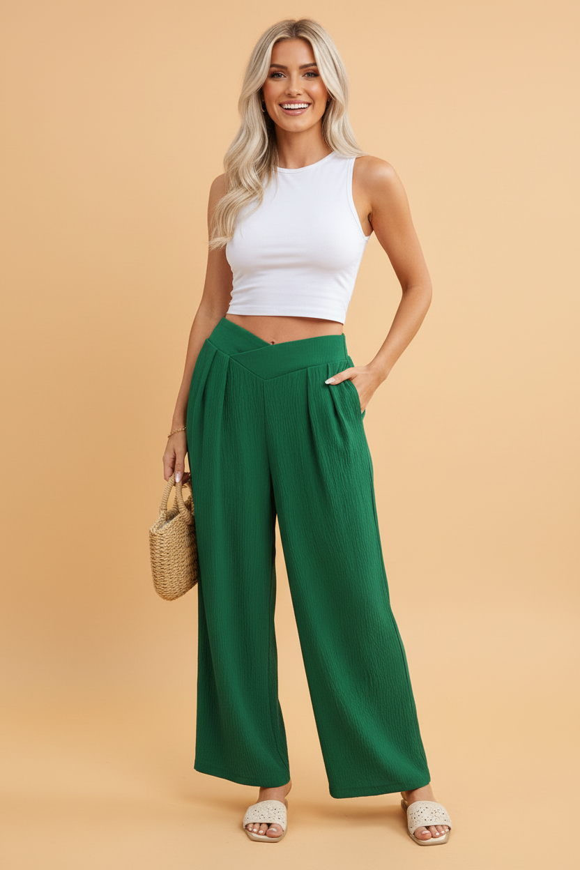 Solid Textured Crossed Waist Wide Leg Pants