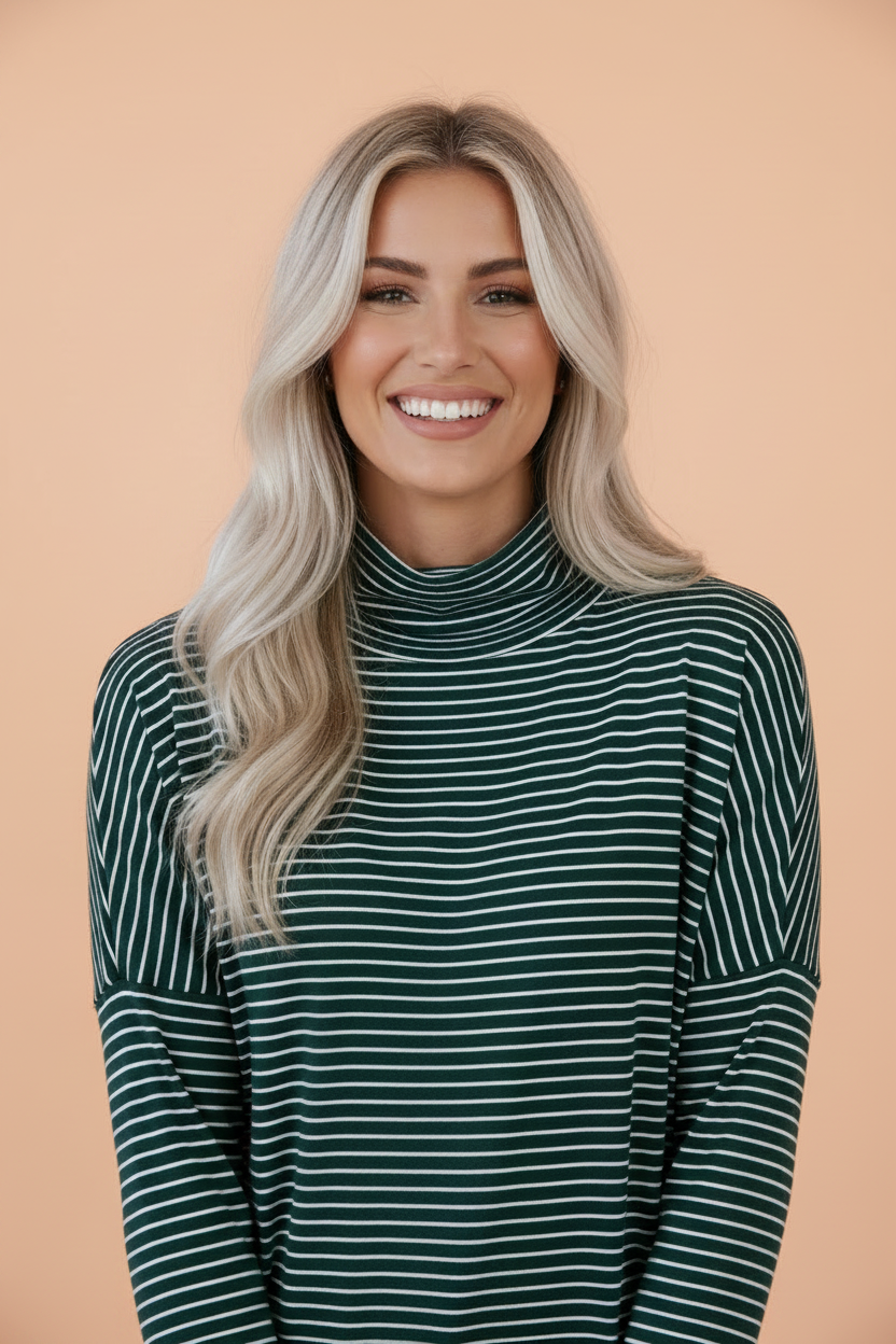 Stripe High Neck Drop Shoulder Long Sleeve Top