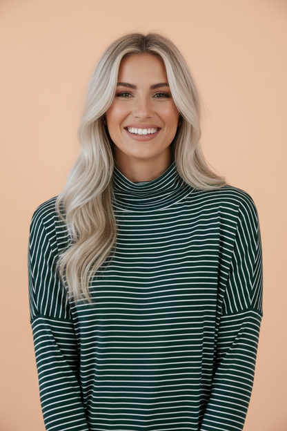 Stripe High Neck Drop Shoulder Long Sleeve Top